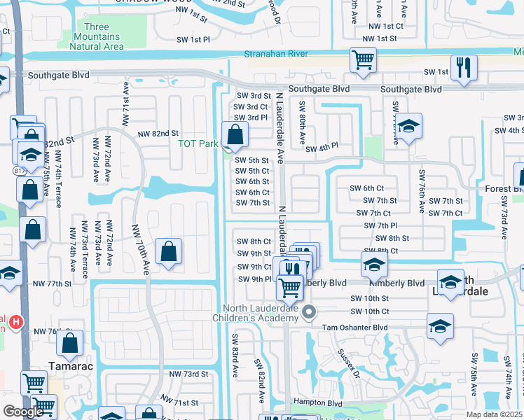 map of restaurants, bars, coffee shops, grocery stores, and more near 8151 Southwest 7th Court in North Lauderdale