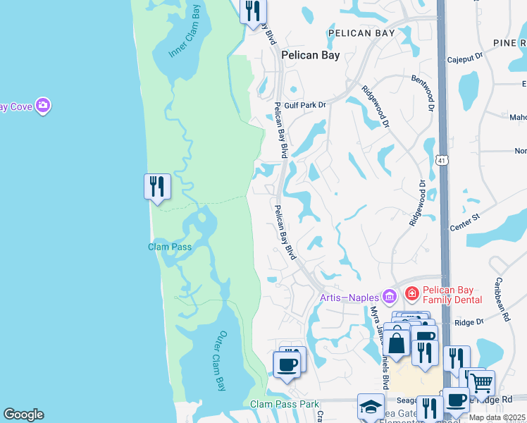 map of restaurants, bars, coffee shops, grocery stores, and more near 6075 Pelican Bay Boulevard in Naples