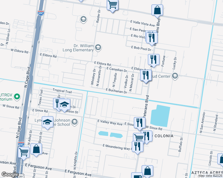 map of restaurants, bars, coffee shops, grocery stores, and more near 3301 North Tequila in Pharr