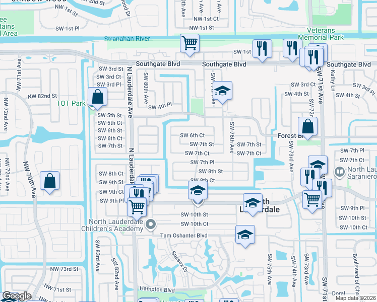 map of restaurants, bars, coffee shops, grocery stores, and more near 7807 Southwest 7th Court in North Lauderdale