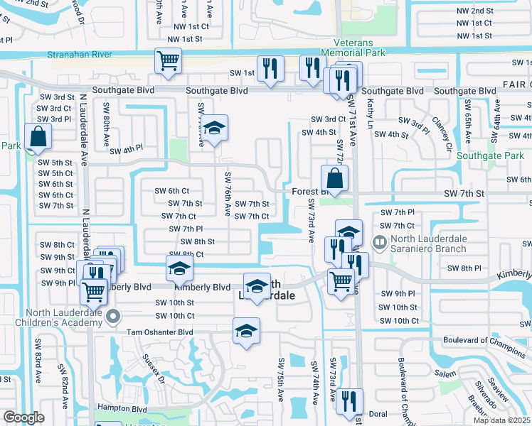 map of restaurants, bars, coffee shops, grocery stores, and more near 7505 Southwest 7th Court in North Lauderdale