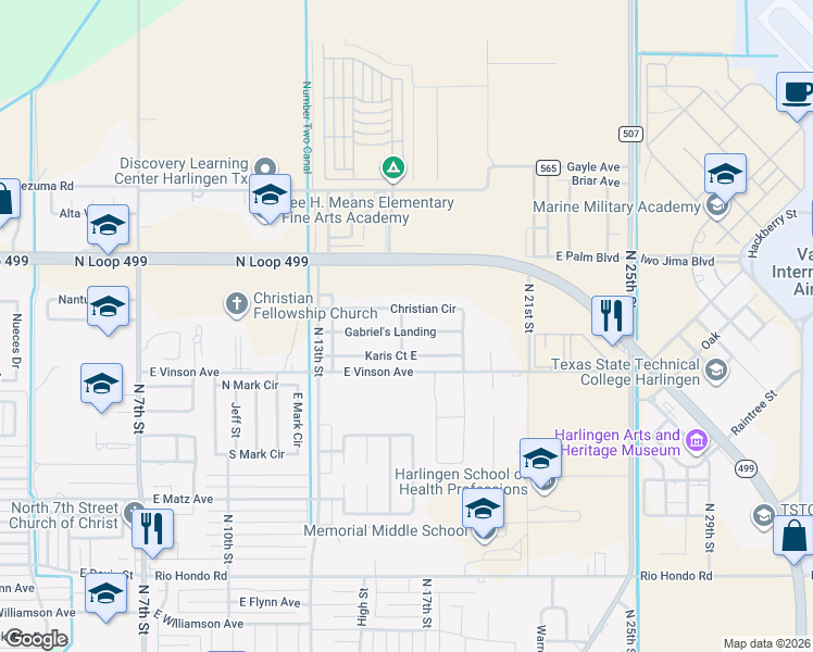 map of restaurants, bars, coffee shops, grocery stores, and more near 1741 Gabriel's Landing in Harlingen