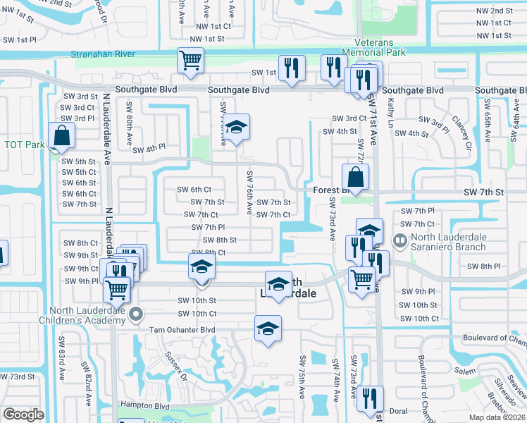 map of restaurants, bars, coffee shops, grocery stores, and more near 7521 Southwest 7th Court in North Lauderdale