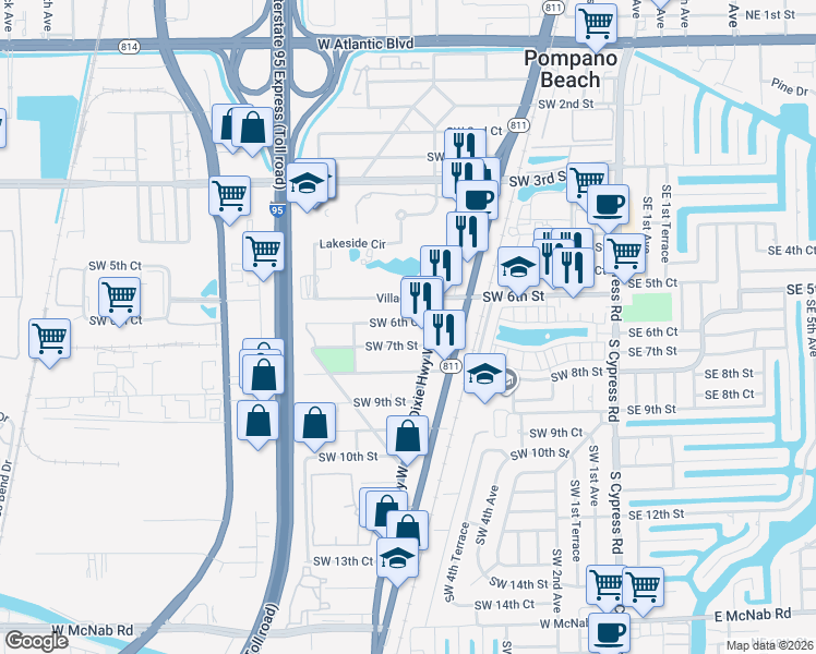 map of restaurants, bars, coffee shops, grocery stores, and more near 590 Southwest 6th Court in Pompano Beach