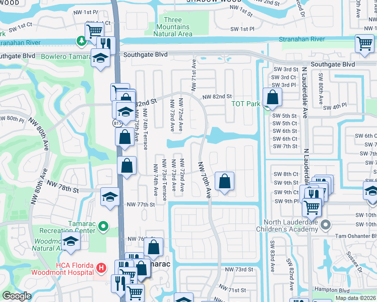 map of restaurants, bars, coffee shops, grocery stores, and more near 8001 Northwest 71st Avenue in Tamarac