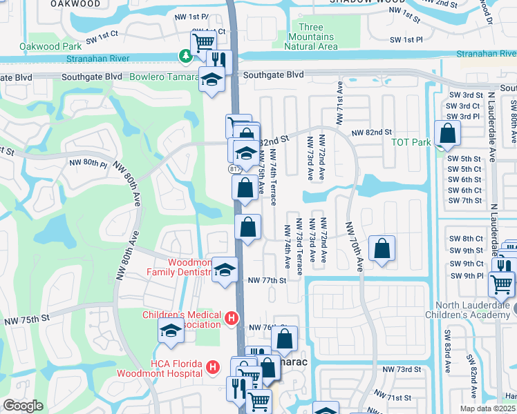 map of restaurants, bars, coffee shops, grocery stores, and more near 8003 Northwest 75th Avenue in Tamarac