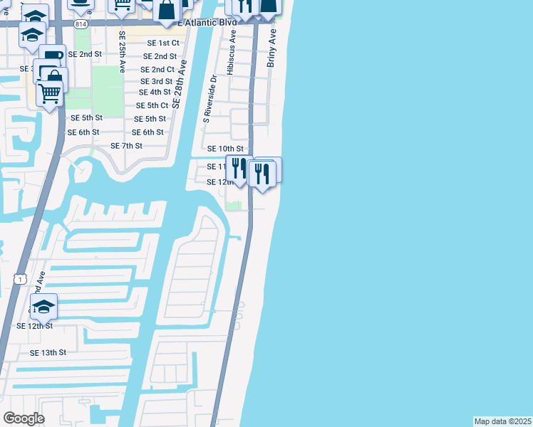 map of restaurants, bars, coffee shops, grocery stores, and more near 1300 South Ocean Boulevard in Pompano Beach