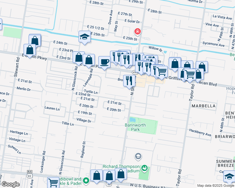 map of restaurants, bars, coffee shops, grocery stores, and more near 2303 East 23rd Street in Mission