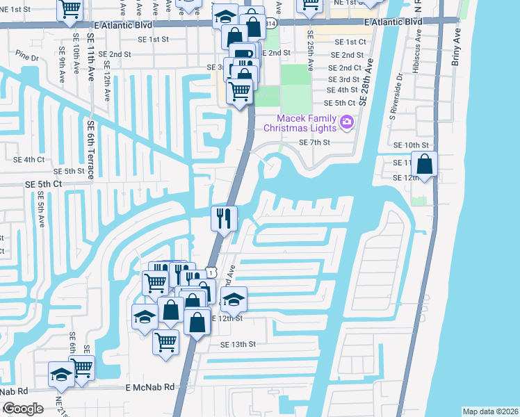 map of restaurants, bars, coffee shops, grocery stores, and more near 770 Southeast 22nd Avenue in Pompano Beach