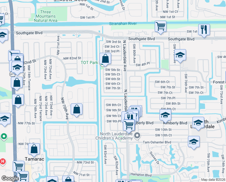 map of restaurants, bars, coffee shops, grocery stores, and more near 8151 Southwest 7th Court in North Lauderdale