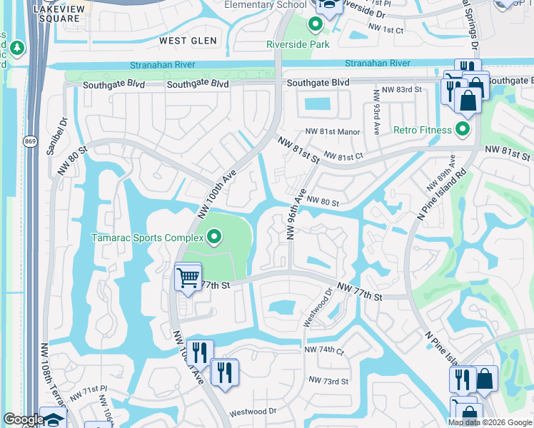 map of restaurants, bars, coffee shops, grocery stores, and more near 7765 Yardley Drive in Tamarac