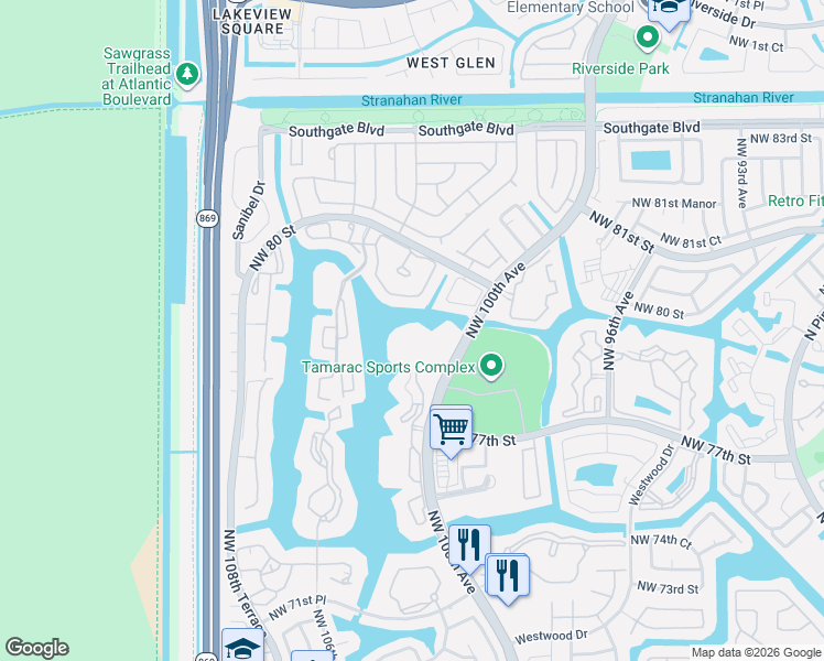 map of restaurants, bars, coffee shops, grocery stores, and more near 7751 Southampton Terrace in Tamarac