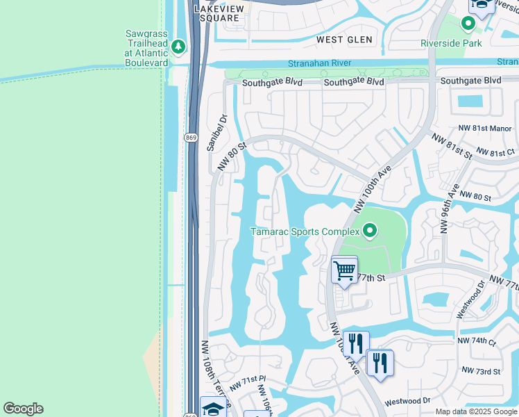 map of restaurants, bars, coffee shops, grocery stores, and more near 7629 Granville Drive in Tamarac