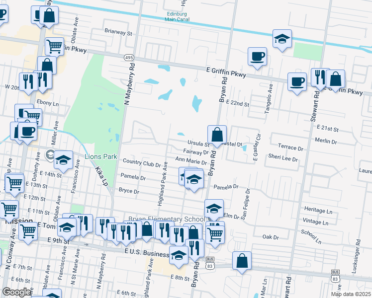 map of restaurants, bars, coffee shops, grocery stores, and more near 1015 Fairway Drive in Mission