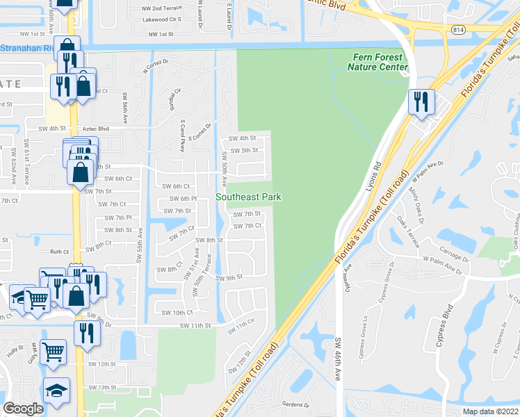map of restaurants, bars, coffee shops, grocery stores, and more near 4956 Southwest 7th Street in Margate