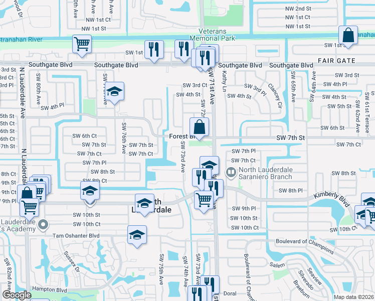 map of restaurants, bars, coffee shops, grocery stores, and more near 718 Southwest 73rd Avenue in North Lauderdale
