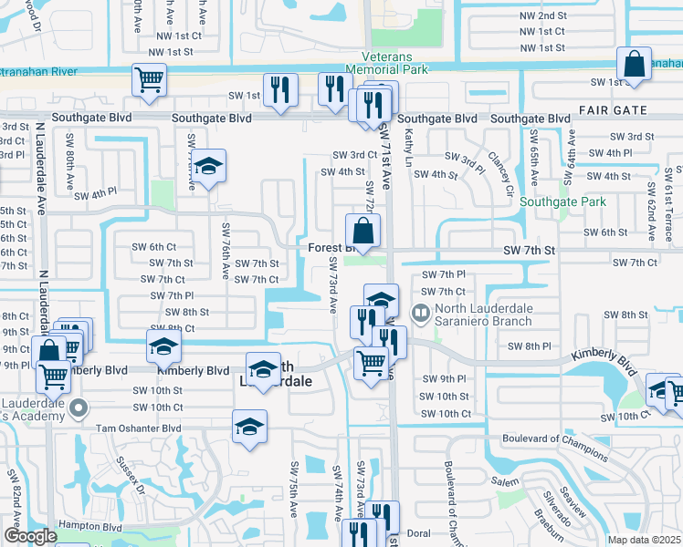map of restaurants, bars, coffee shops, grocery stores, and more near 718 Southwest 73rd Avenue in North Lauderdale