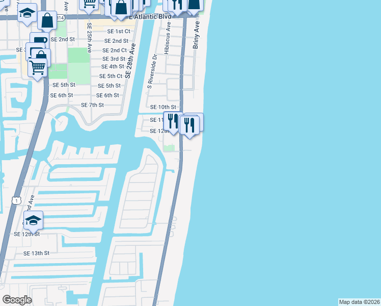 map of restaurants, bars, coffee shops, grocery stores, and more near in Pompano Beach