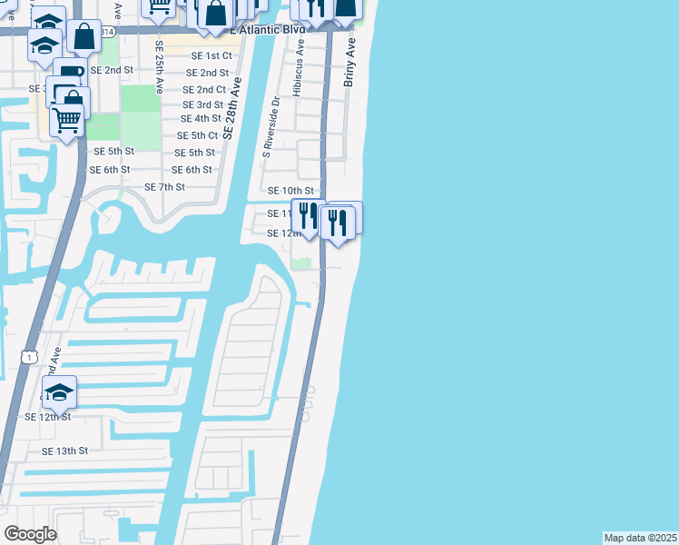 map of restaurants, bars, coffee shops, grocery stores, and more near 1300 South Ocean Boulevard in Pompano Beach