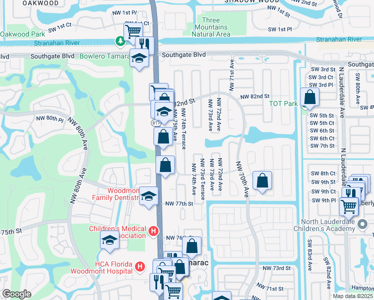 map of restaurants, bars, coffee shops, grocery stores, and more near 8002 Northwest 74th Terrace in Tamarac