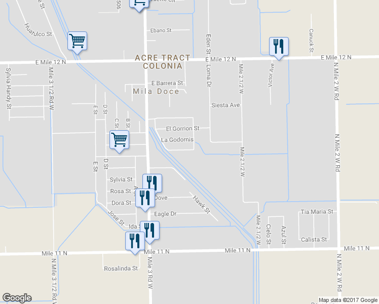 map of restaurants, bars, coffee shops, grocery stores, and more near 3716 El Canario Street in Mercedes