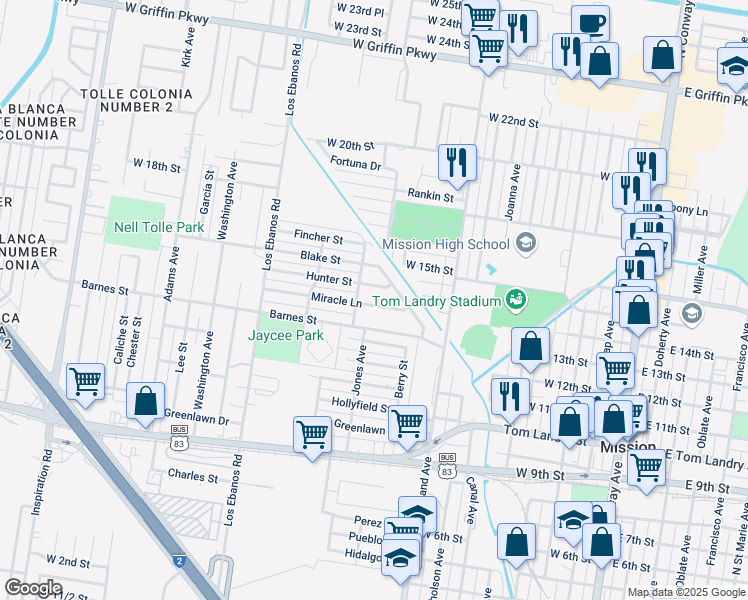 map of restaurants, bars, coffee shops, grocery stores, and more near 1001 Miracle Lane in Mission