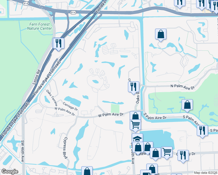 map of restaurants, bars, coffee shops, grocery stores, and more near 3800 Oaks Clubhouse Drive in Pompano Beach