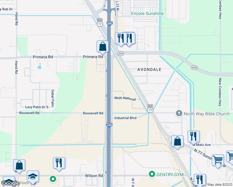 map of restaurants, bars, coffee shops, grocery stores, and more near 2219 Northridge Avenue in Harlingen