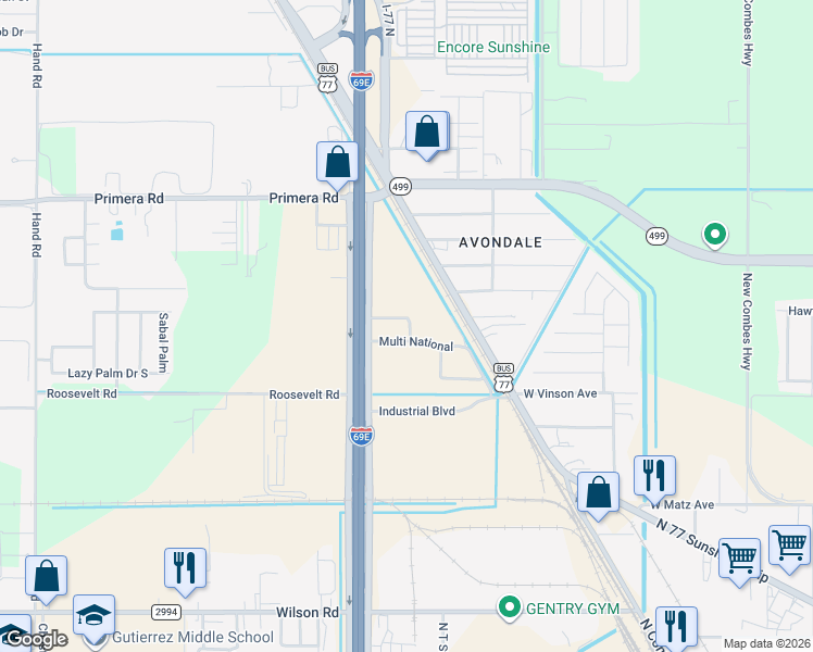 map of restaurants, bars, coffee shops, grocery stores, and more near Northridge Avenue in Harlingen