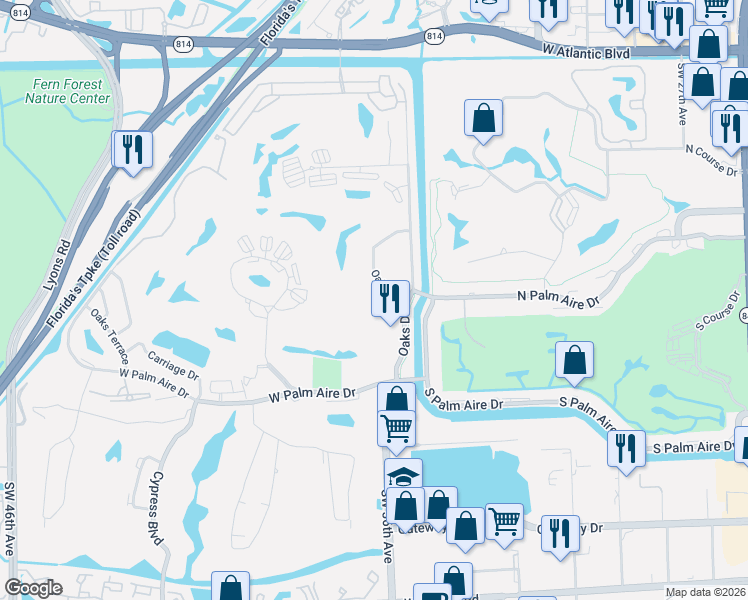 map of restaurants, bars, coffee shops, grocery stores, and more near 575 Oaks Lane in Pompano Beach