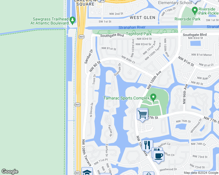 map of restaurants, bars, coffee shops, grocery stores, and more near 7629 Granville Drive in Tamarac