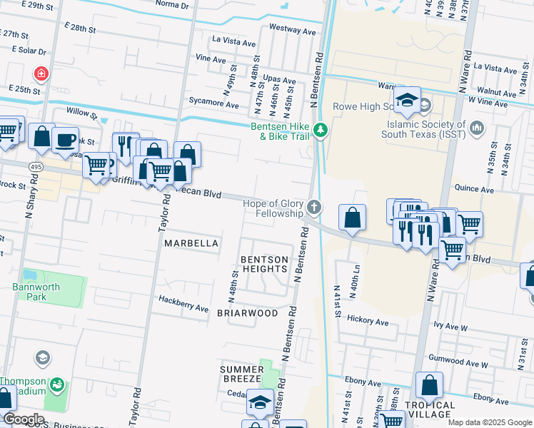 map of restaurants, bars, coffee shops, grocery stores, and more near 4713 Mulberry Avenue in McAllen