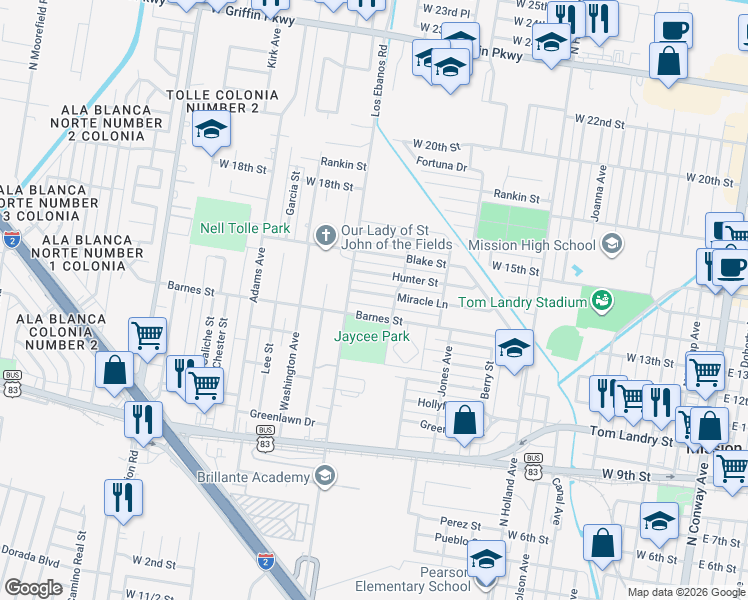 map of restaurants, bars, coffee shops, grocery stores, and more near 1208 Miracle Lane in Mission