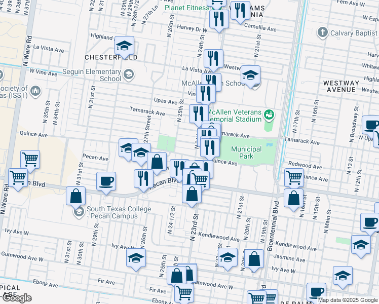 map of restaurants, bars, coffee shops, grocery stores, and more near 2408 Quince Avenue in McAllen