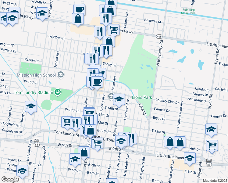 map of restaurants, bars, coffee shops, grocery stores, and more near 1602 Miller Avenue in Mission