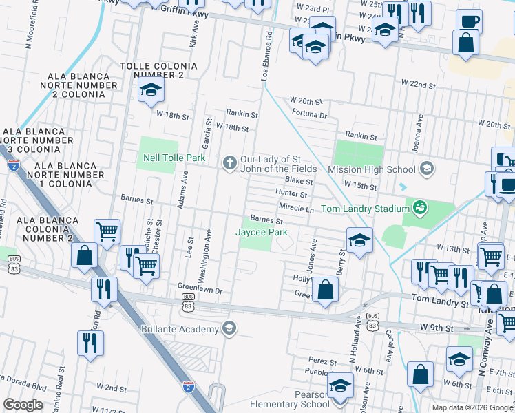 map of restaurants, bars, coffee shops, grocery stores, and more near 1208 Miracle Lane in Mission