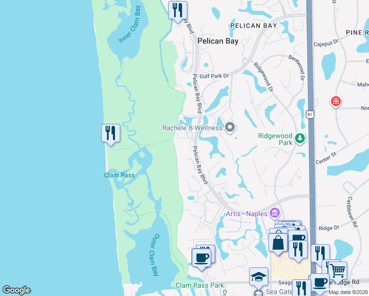map of restaurants, bars, coffee shops, grocery stores, and more near 6075 Pelican Bay Boulevard in Naples