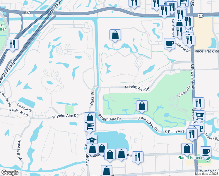 map of restaurants, bars, coffee shops, grocery stores, and more near 3170 Palm Aire Drive North in Pompano Beach