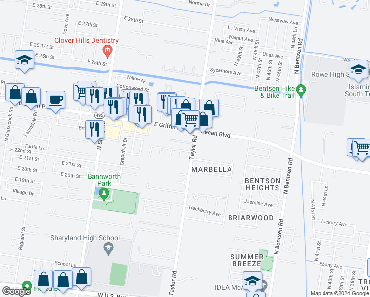 map of restaurants, bars, coffee shops, grocery stores, and more near 2803 Summer Breeze Avenue in Mission