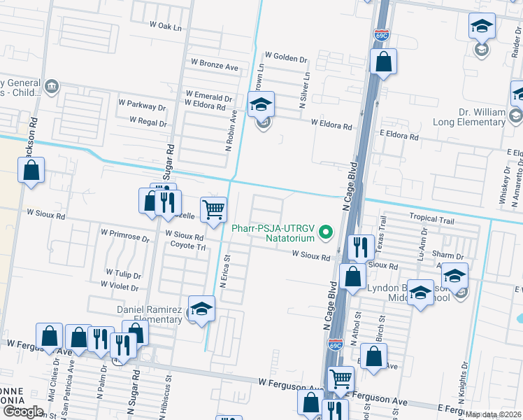map of restaurants, bars, coffee shops, grocery stores, and more near 501 West Carroll Avenue in Pharr