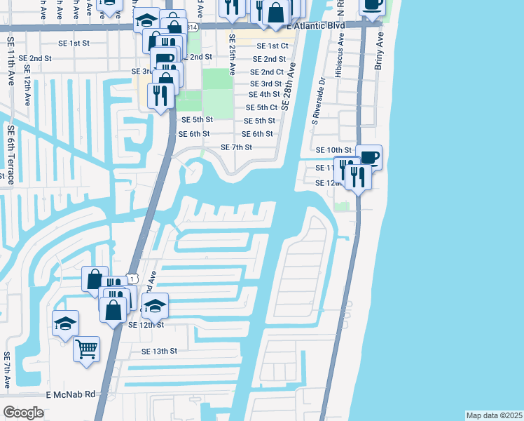 map of restaurants, bars, coffee shops, grocery stores, and more near 2587 Southeast 8th Street in Pompano Beach