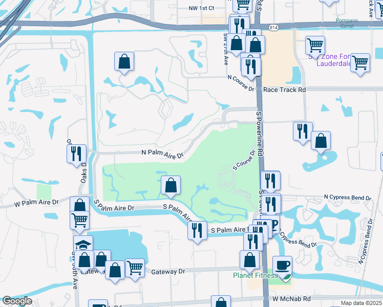 map of restaurants, bars, coffee shops, grocery stores, and more near 2900 North Palm Aire Drive in Pompano Beach