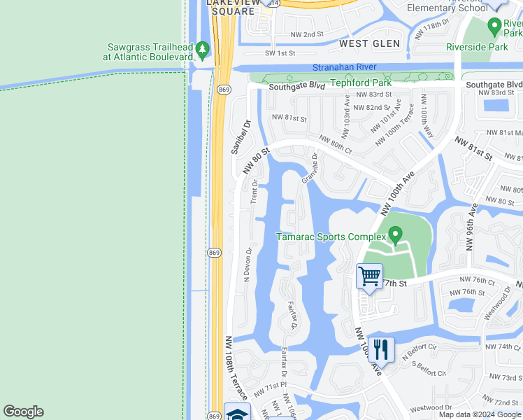 map of restaurants, bars, coffee shops, grocery stores, and more near 7552 Trent Drive in Tamarac