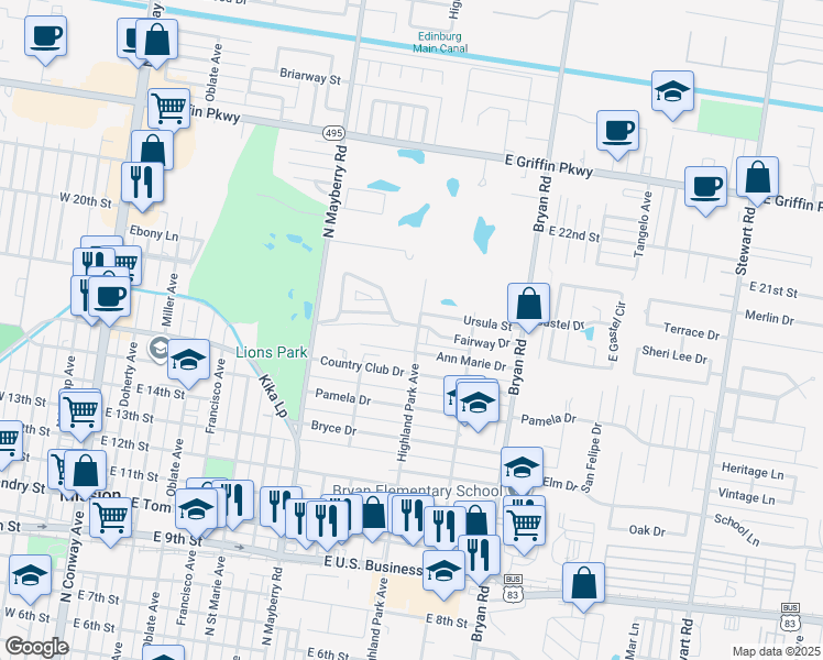 map of restaurants, bars, coffee shops, grocery stores, and more near 1711 Highland Park Avenue in Mission