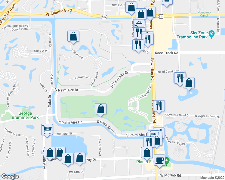 map of restaurants, bars, coffee shops, grocery stores, and more near 2917 North Palm Aire Drive in Pompano Beach