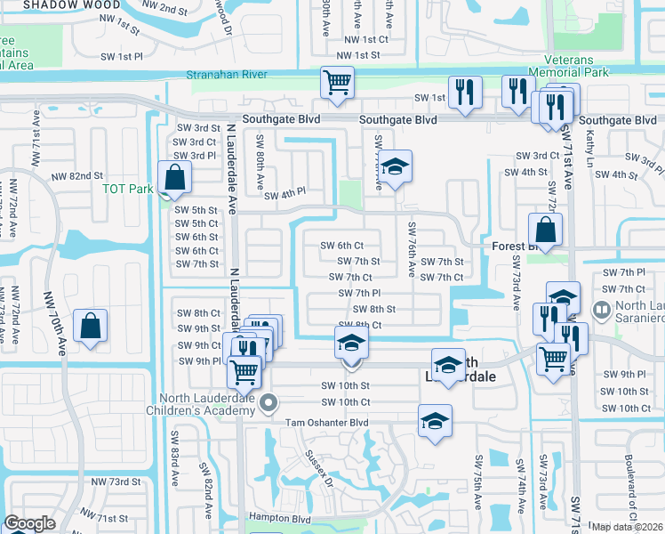 map of restaurants, bars, coffee shops, grocery stores, and more near 7807 Southwest 7th Court in North Lauderdale