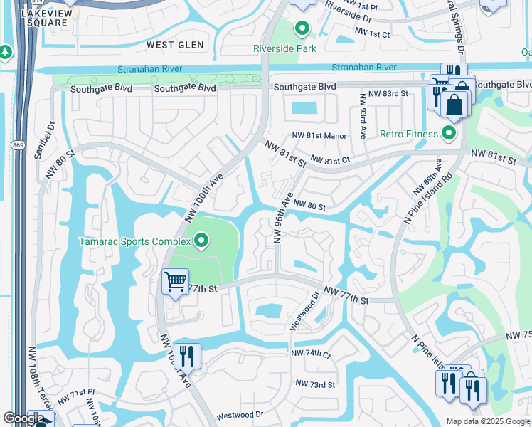 map of restaurants, bars, coffee shops, grocery stores, and more near 7775 Yardley Drive in Tamarac