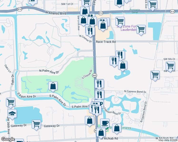 map of restaurants, bars, coffee shops, grocery stores, and more near 2601 South Course Drive in Pompano Beach