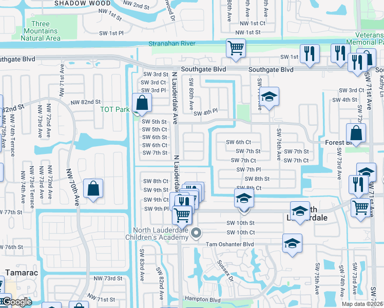 map of restaurants, bars, coffee shops, grocery stores, and more near 7968 Southwest 7th Street in North Lauderdale
