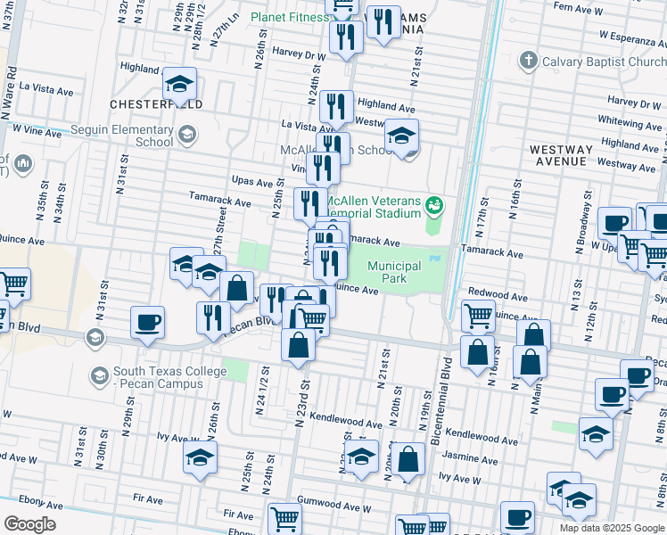 map of restaurants, bars, coffee shops, grocery stores, and more near 1700 North 23rd Street in McAllen